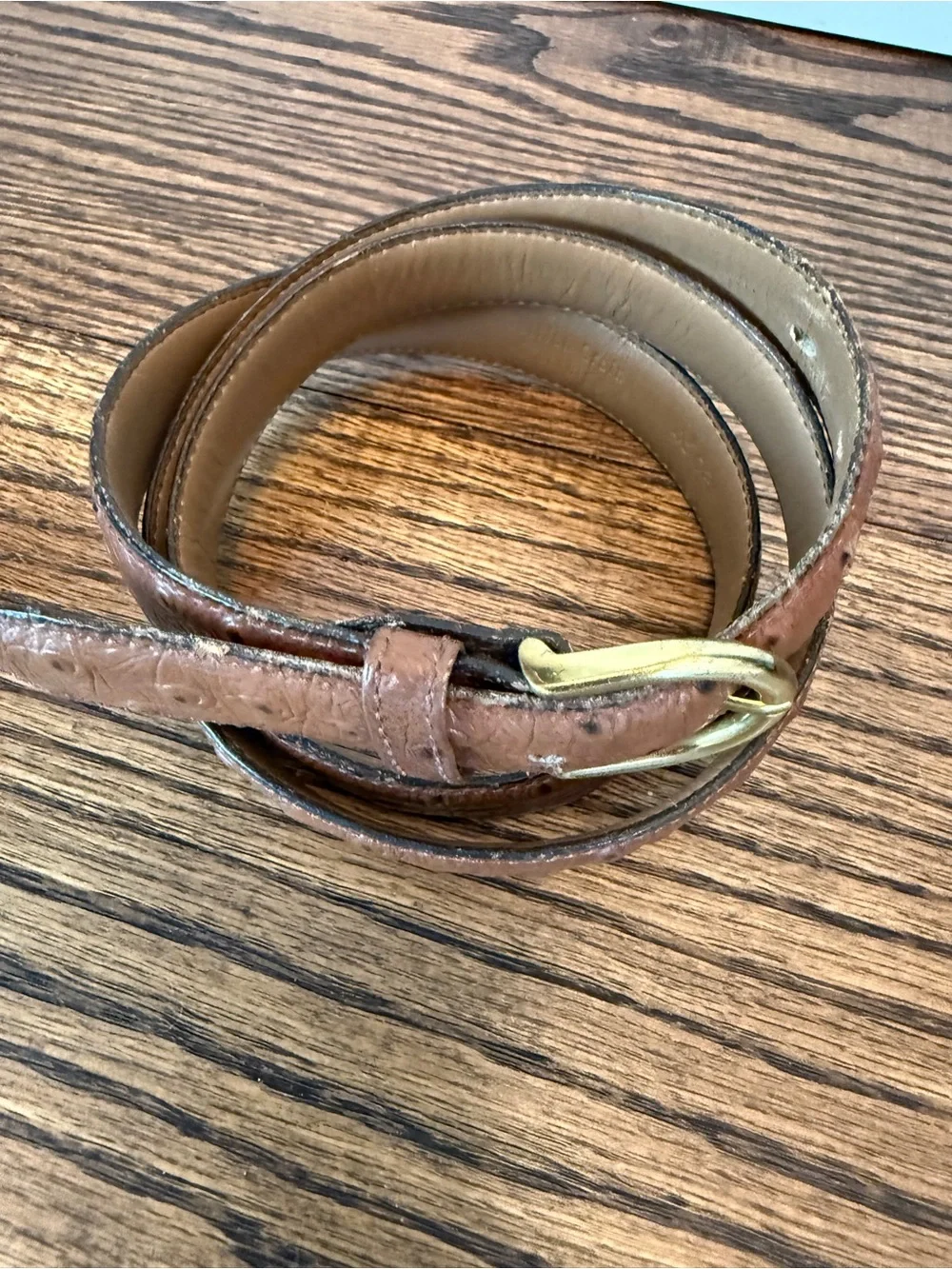 Vintage Brown Ostrich Grain Steerhide Leather Belt with Solid Brass Buckle